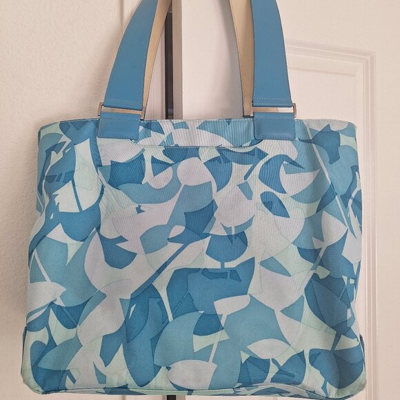 Tumi Womens Open Top Tote Handbag Double Strap, Blue  Leaf Canvas, Leather Trim - Picture 1 of 12